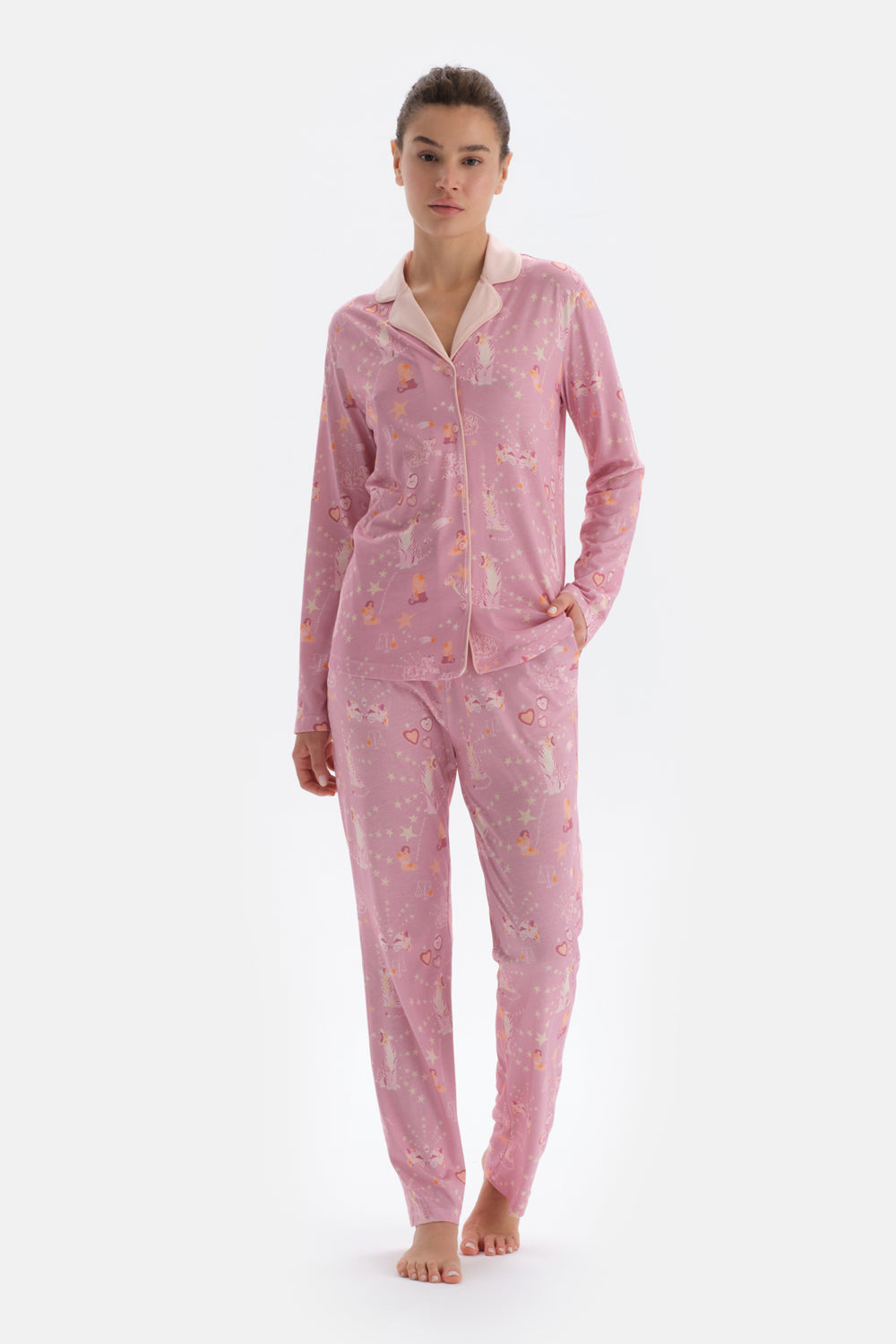 Pink SIZE PRINTED SHIRT PANTS PAJAMAS SUIT