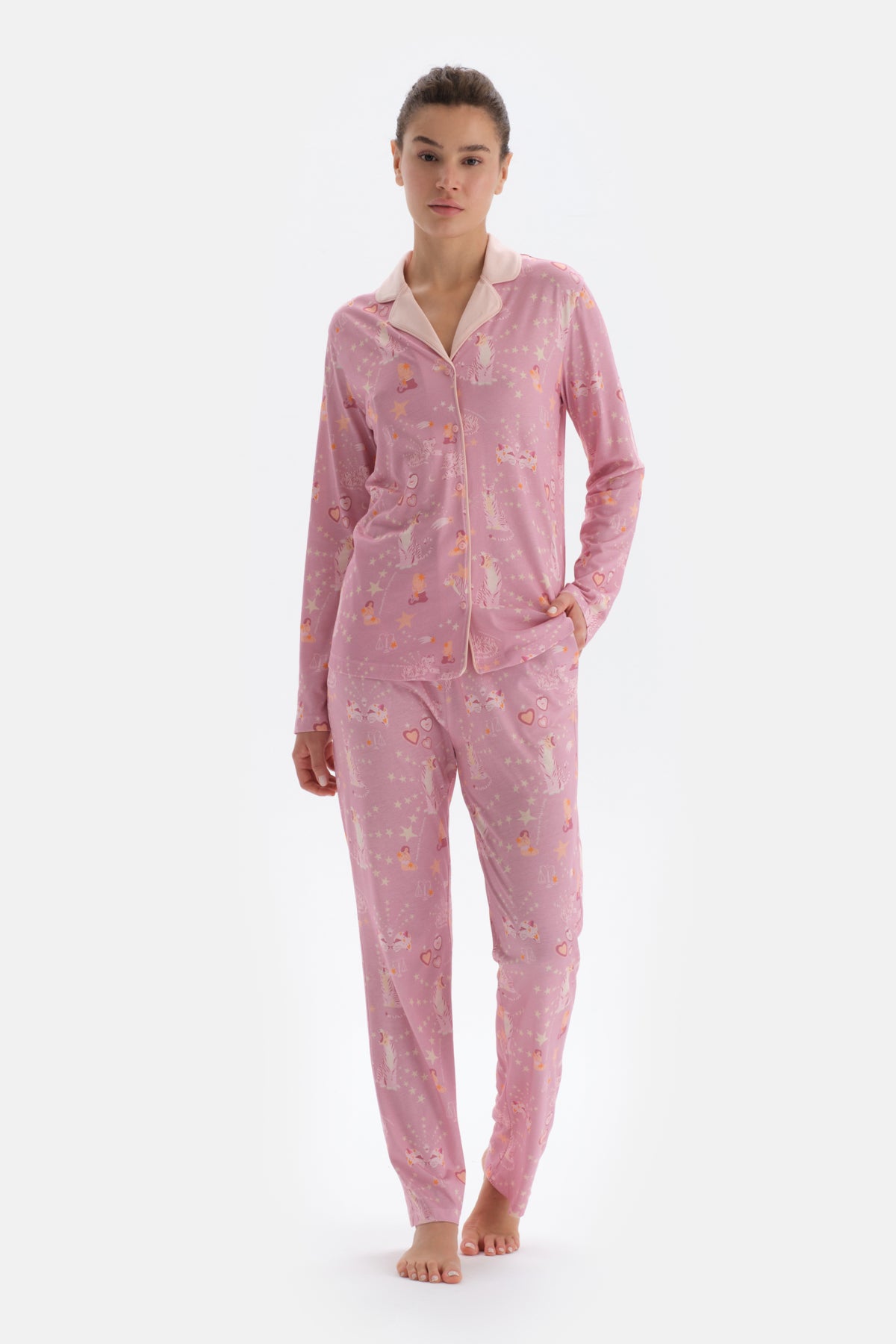 Pink SIZE PRINTED SHIRT PANTS PAJAMAS SUIT