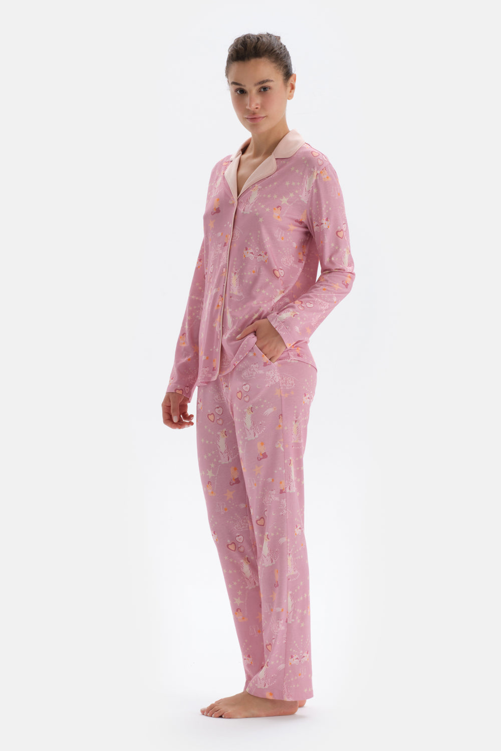Pink SIZE PRINTED SHIRT PANTS PAJAMAS SUIT