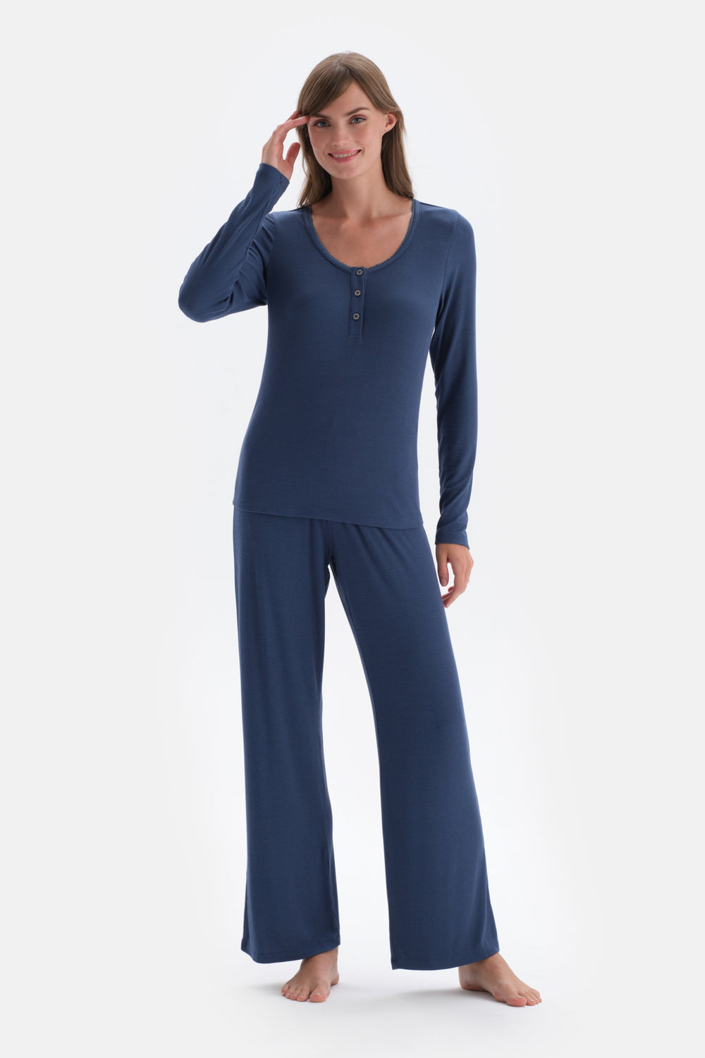Indigo Ribli Kaşkorse Yuvarlak Yaka Örme Pijama Takımı