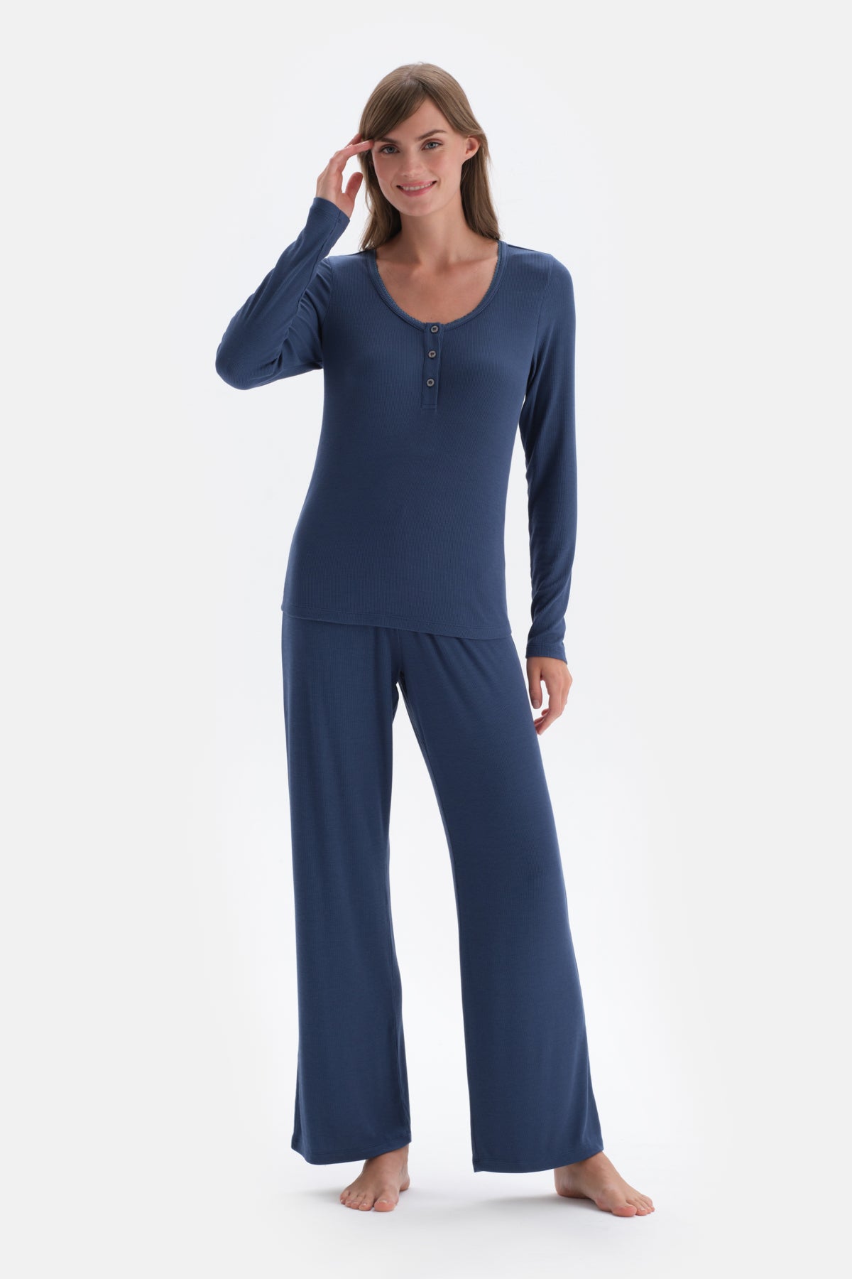 Indigo Ribli Kaşkorse Yuvarlak Yaka Örme Pijama Takımı