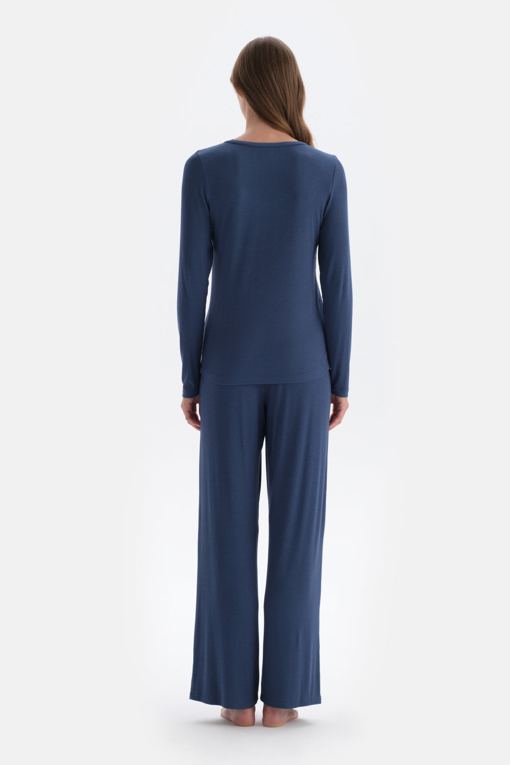 Indigo Ribli Kaşkorse Yuvarlak Yaka Örme Pijama Takımı