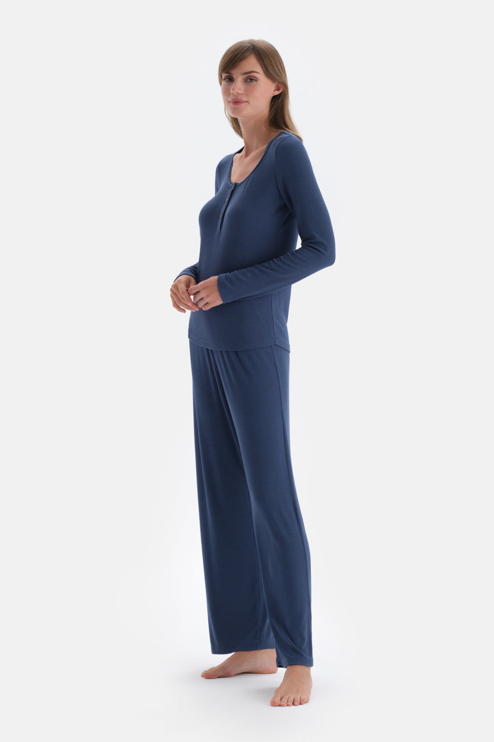 Indigo Ribli Kaşkorse Yuvarlak Yaka Örme Pijama Takımı