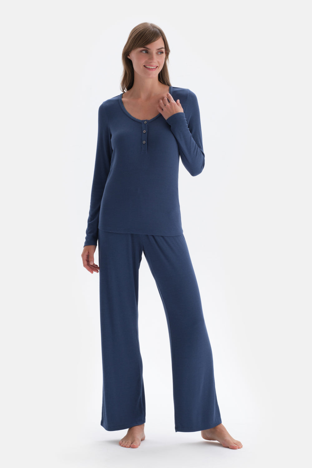Indigo Ribli Kaşkorse Yuvarlak Yaka Örme Pijama Takımı