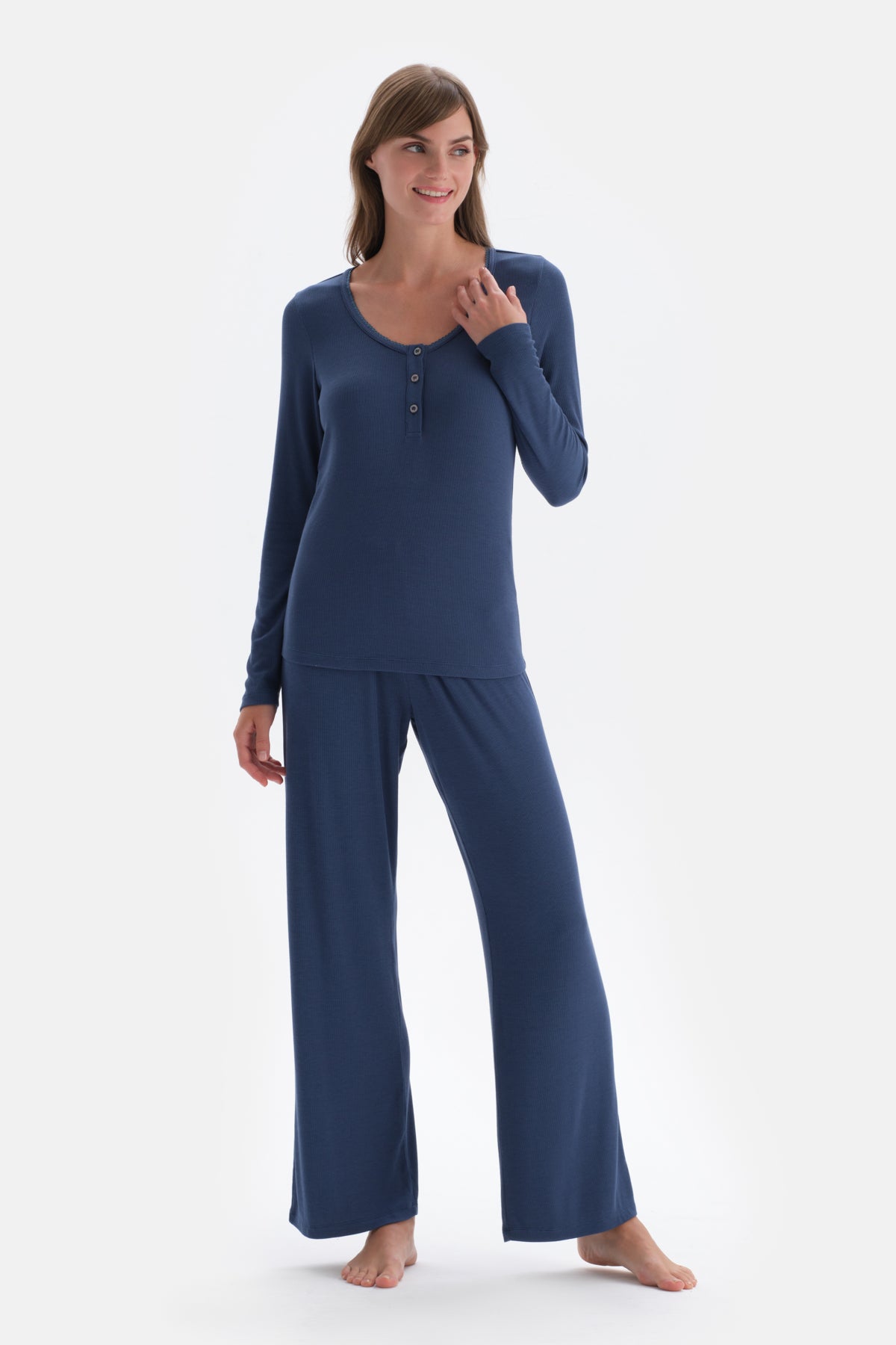 Indigo Ribli Kaşkorse Yuvarlak Yaka Örme Pijama Takımı