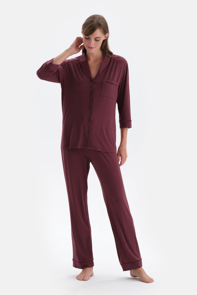 Bordeaux VELVET STRIP DETAILED SHIRT PANTS PAJAMAS SUIT