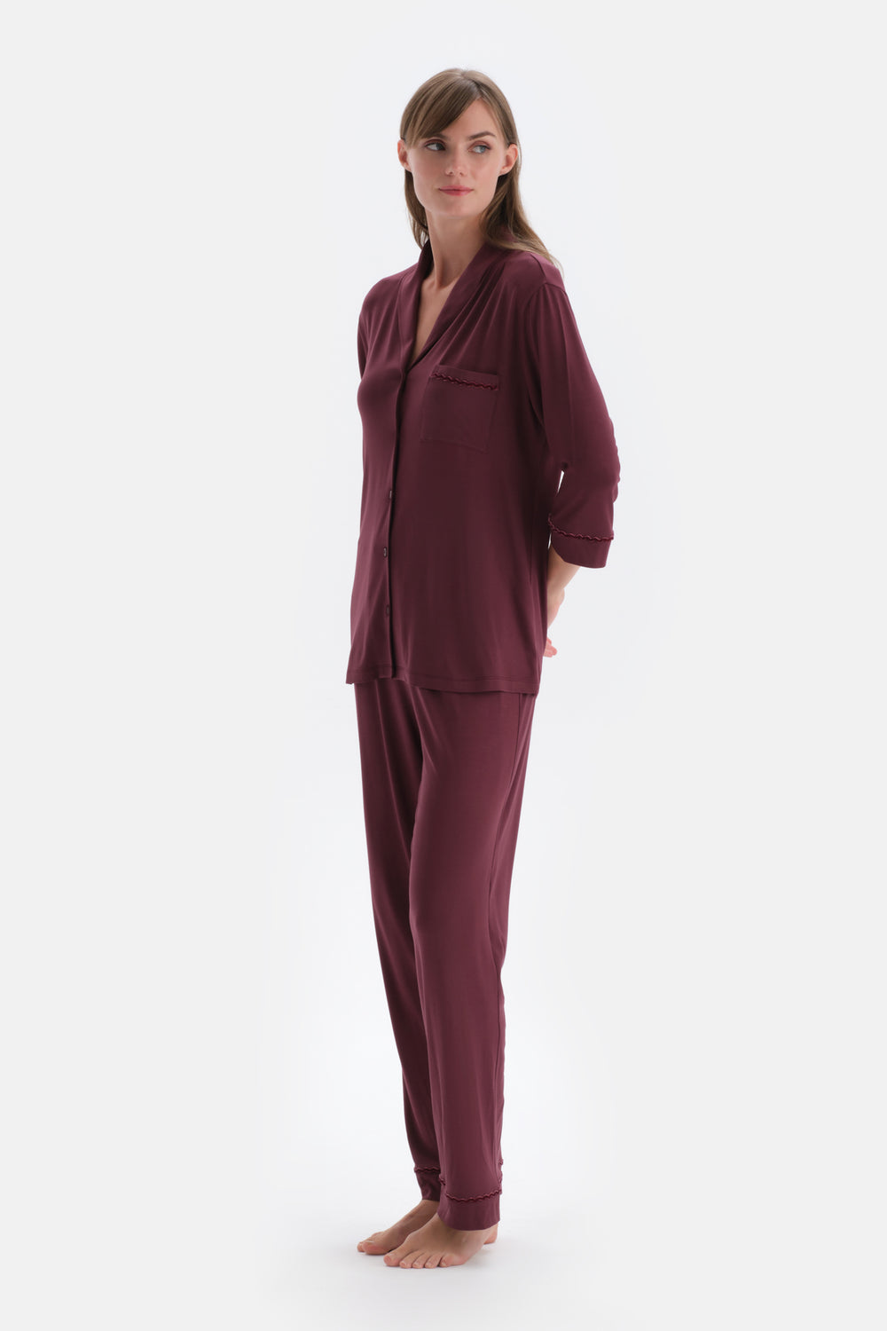 Bordeaux VELVET STRIP DETAILED SHIRT PANTS PAJAMAS SUIT