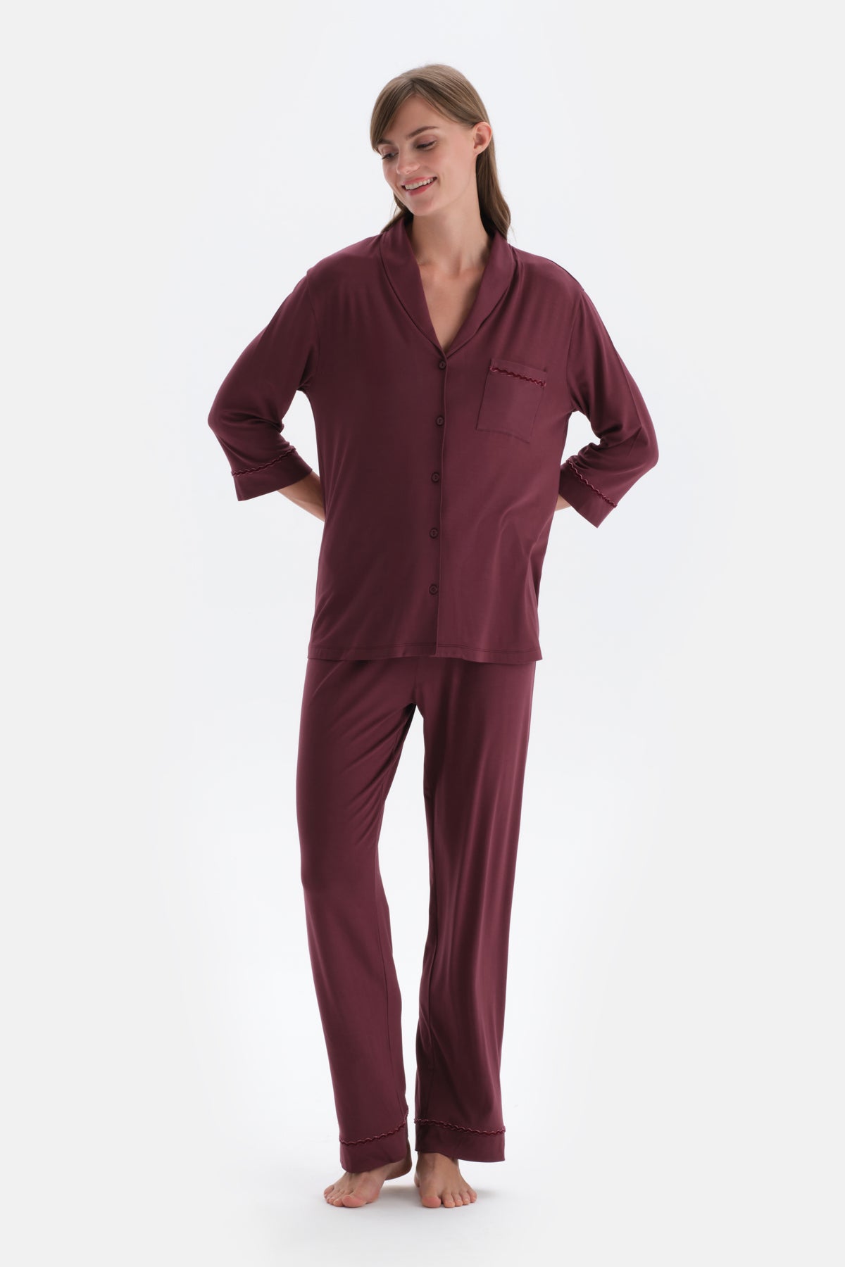Bordeaux VELVET STRIP DETAILED SHIRT PANTS PAJAMAS SUIT