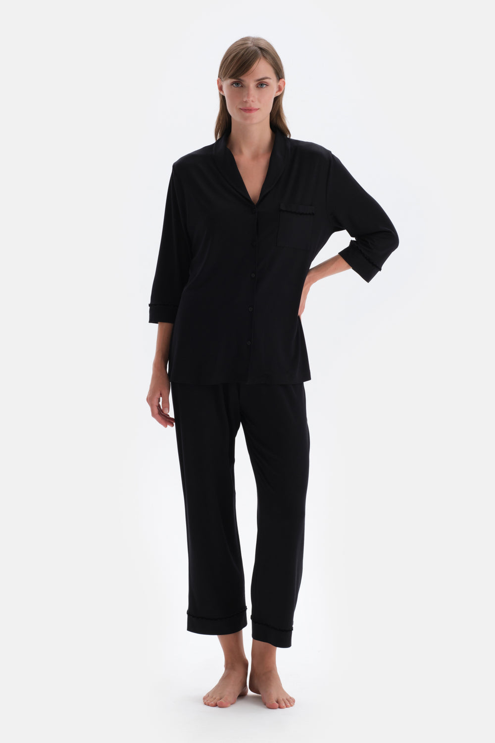 Black VELVET STRIP DETAILED SHIRT PANTS PAJAMAS SUIT