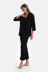 Black VELVET STRIP DETAILED SHIRT PANTS PAJAMAS SUIT