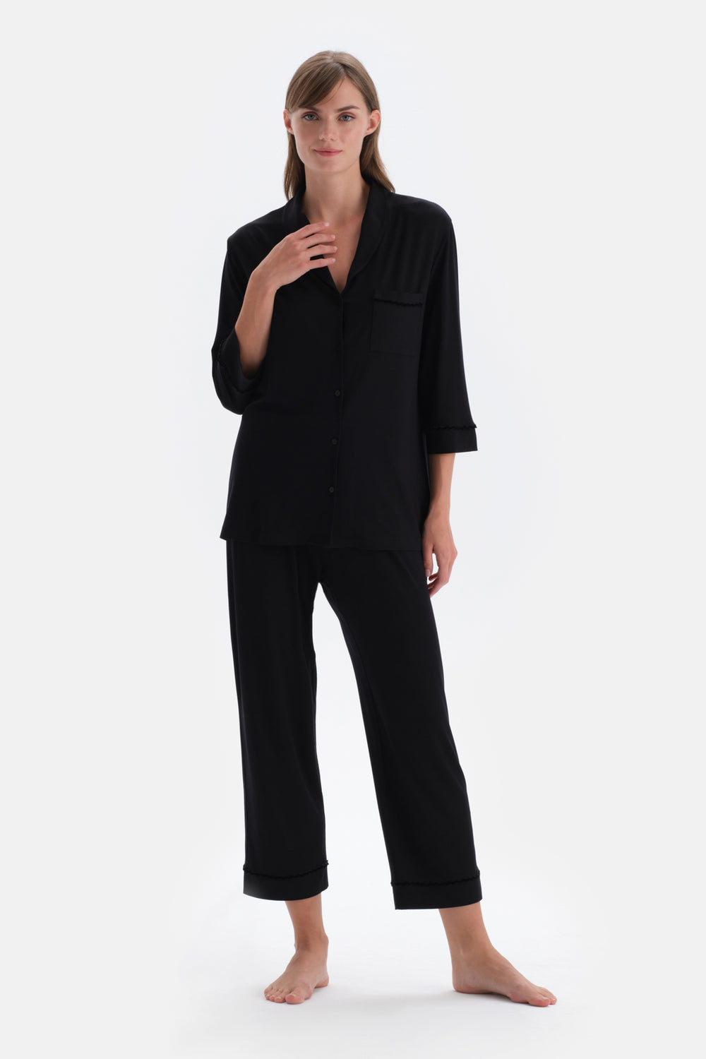 Black VELVET STRIP DETAILED SHIRT PANTS PAJAMAS SUIT