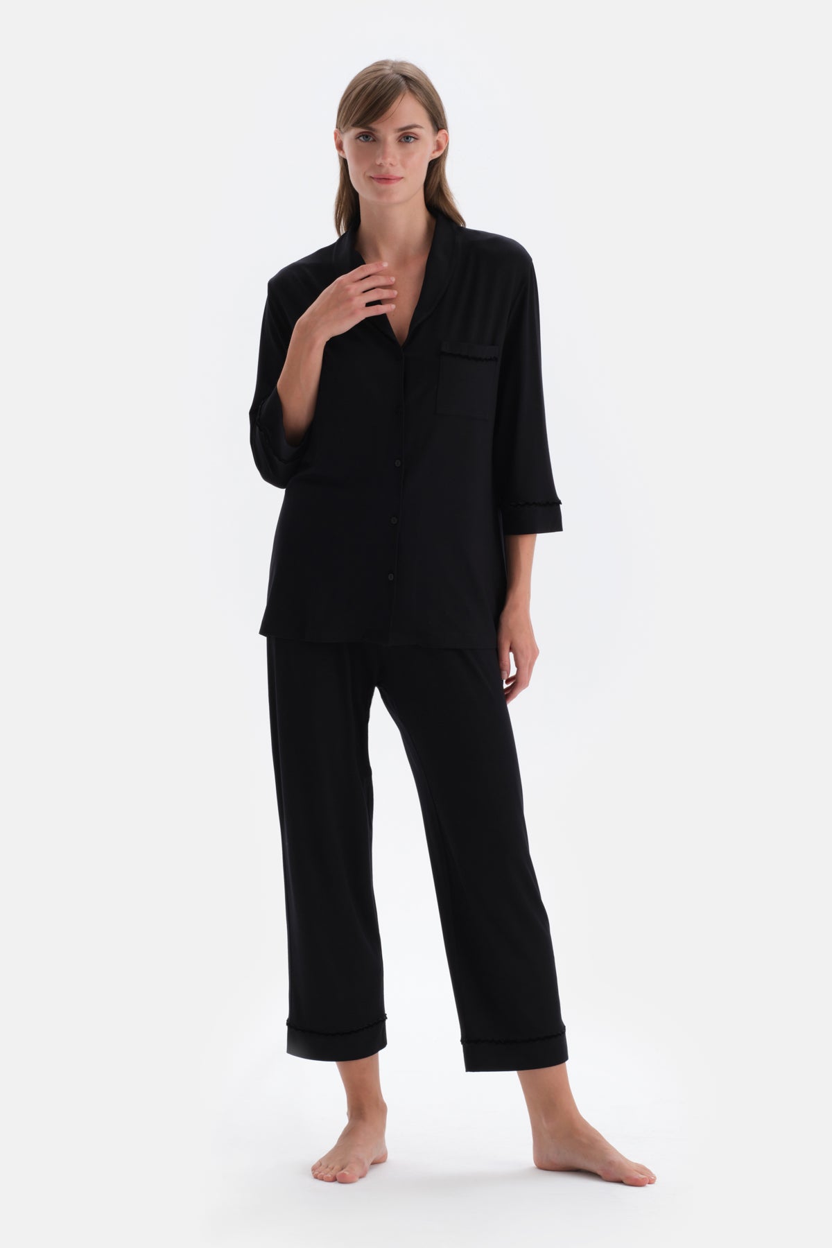 Black VELVET STRIP DETAILED SHIRT PANTS PAJAMAS SUIT