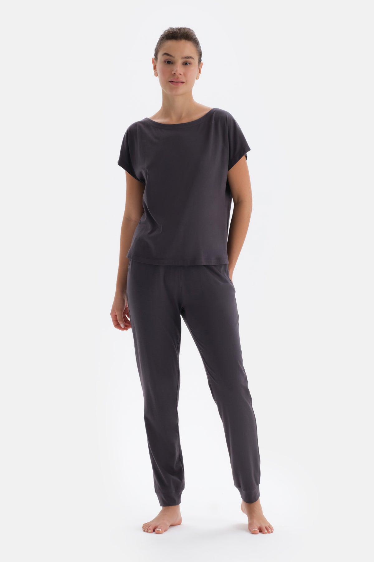 Anthracite SHORT SLEEVE KNITTED PAJAMAS SUIT