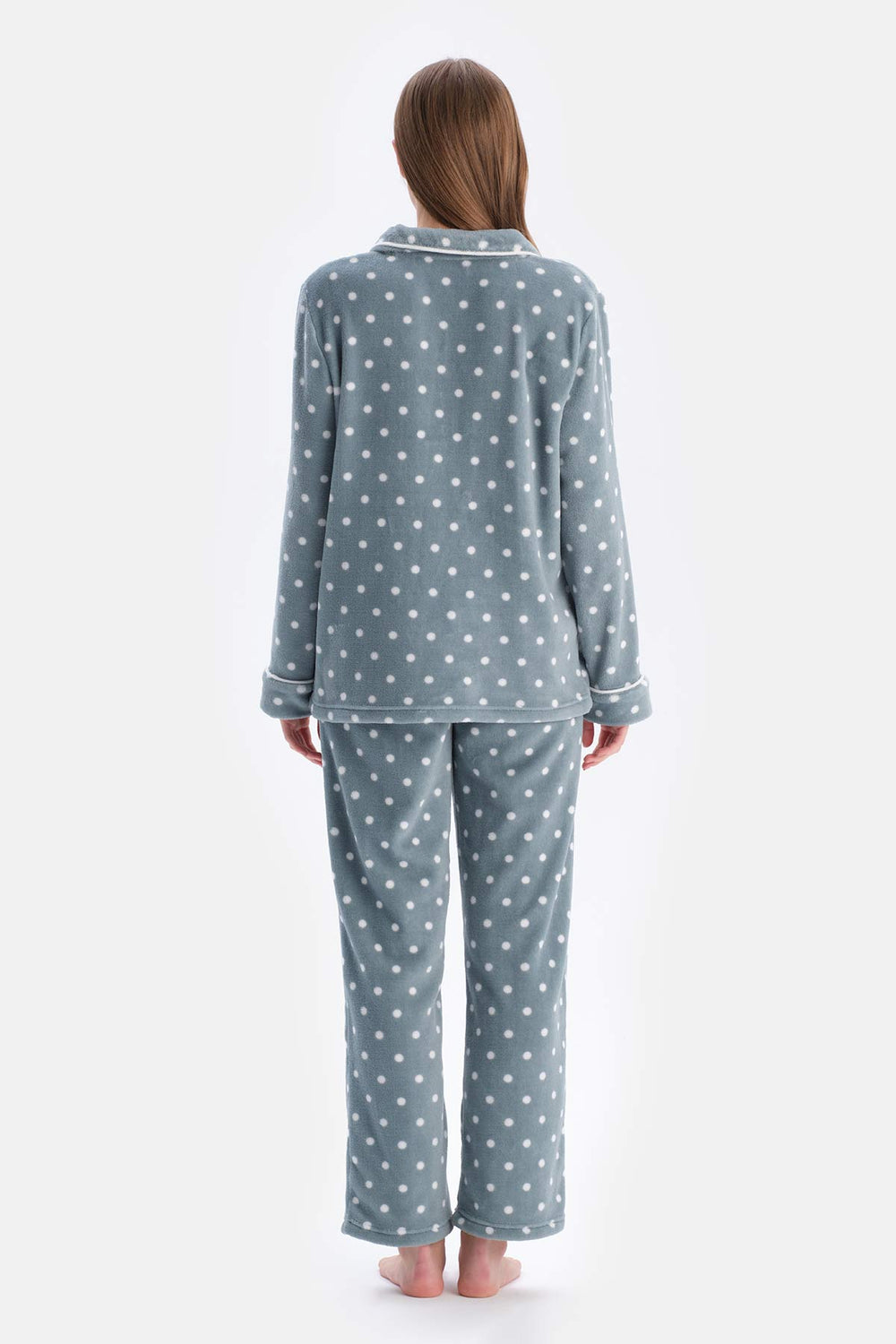 Açık Gri Puantiyeli Polar Pijama Takımı