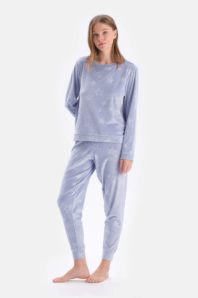 Blue EMBOSSED STAR DETAILED KNITTED PAJAMAS SUIT