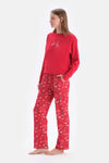 Red PRINT DETAILED CREW-NECK PAJAMAS SUIT