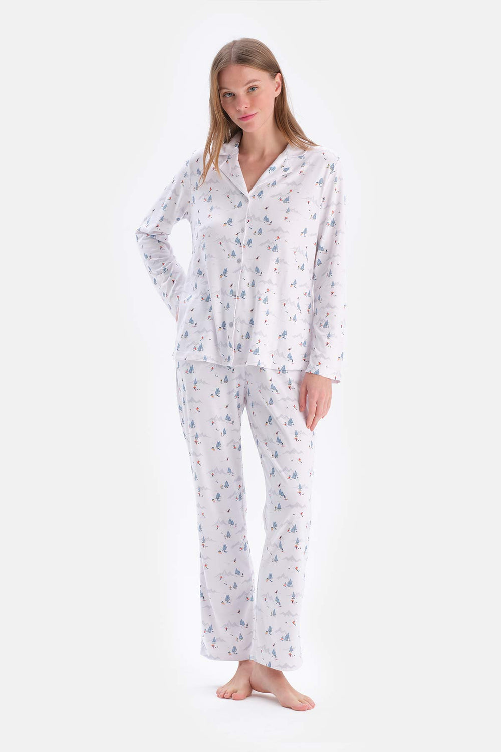 White SIZE PRINTED SHIRT PANTS PAJAMAS SUIT