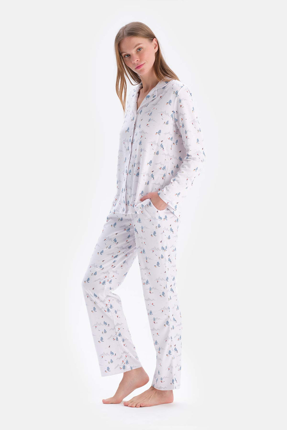 White SIZE PRINTED SHIRT PANTS PAJAMAS SUIT