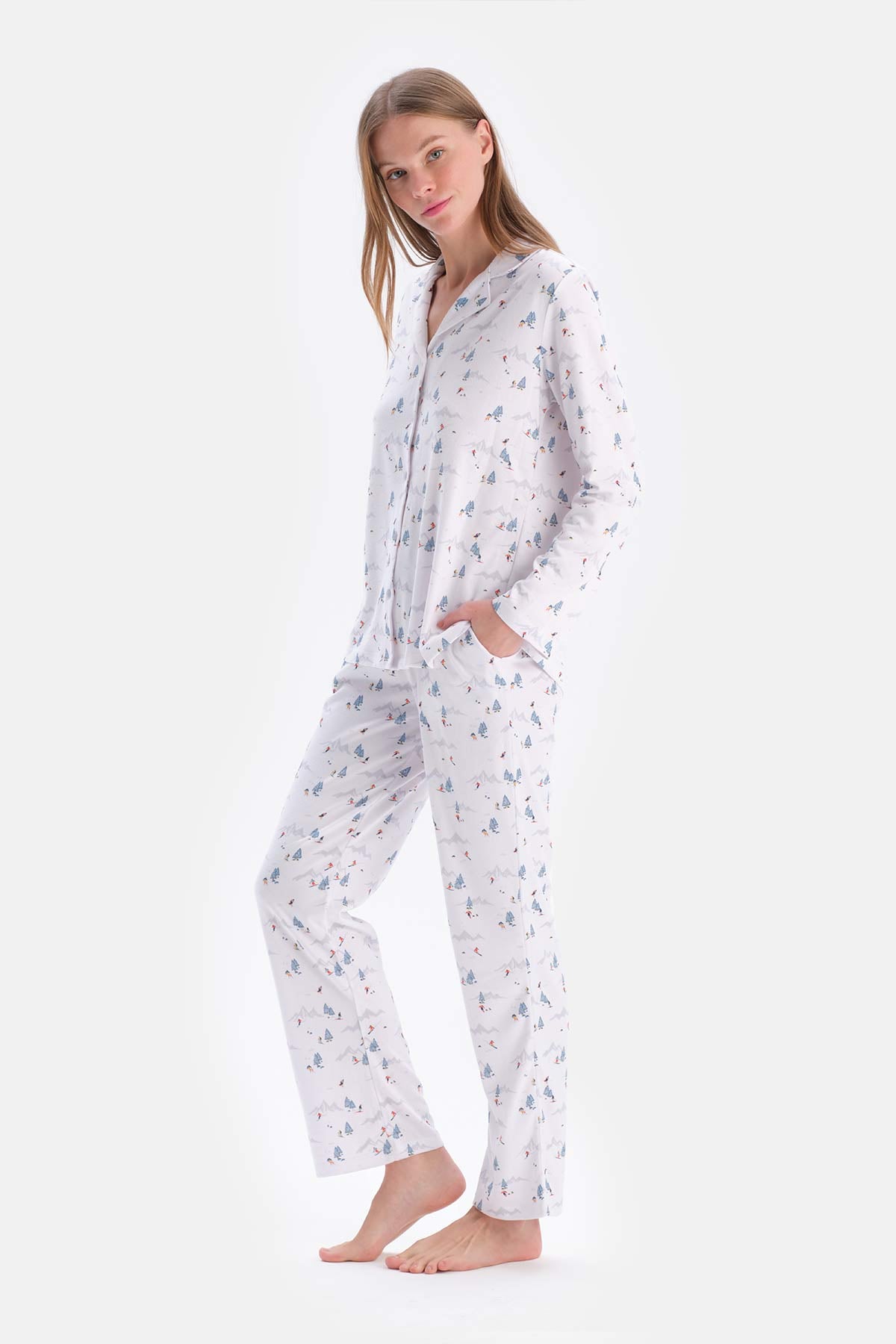 White SIZE PRINTED SHIRT PANTS PAJAMAS SUIT