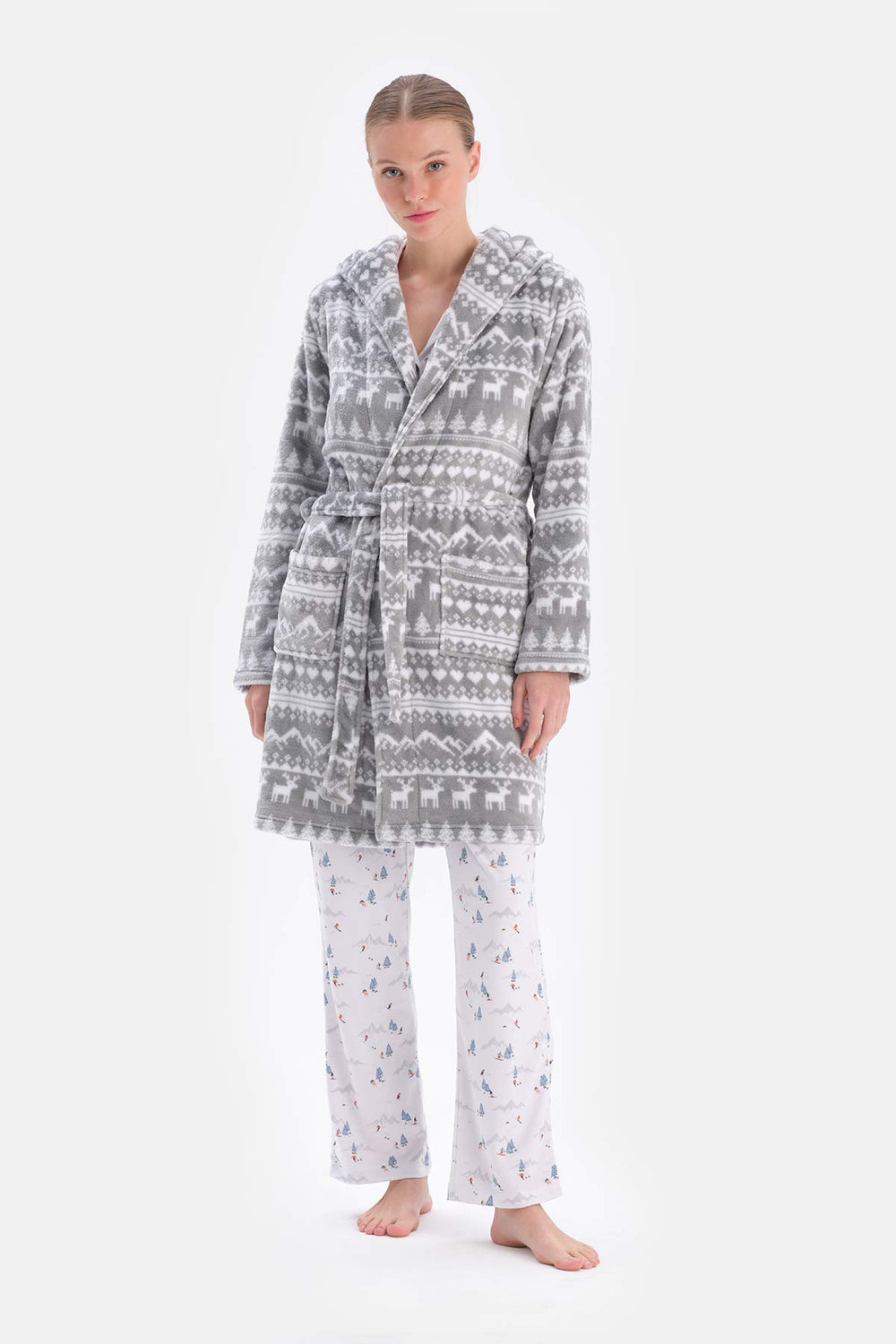 Grey CHRISTMAS PRINTED FLEECE ROBE