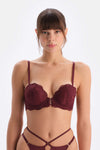 Bordo Aksesuar Detaylı Dantelli Push-Up Sütyen