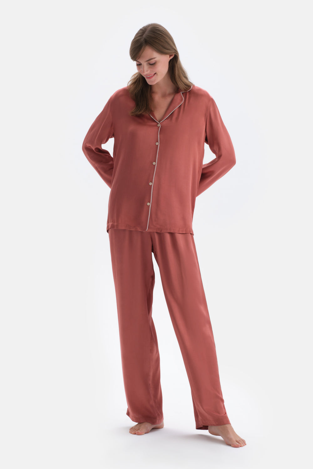 Terracotta WOVEN TROUSERS WITH PIPE DETAIL