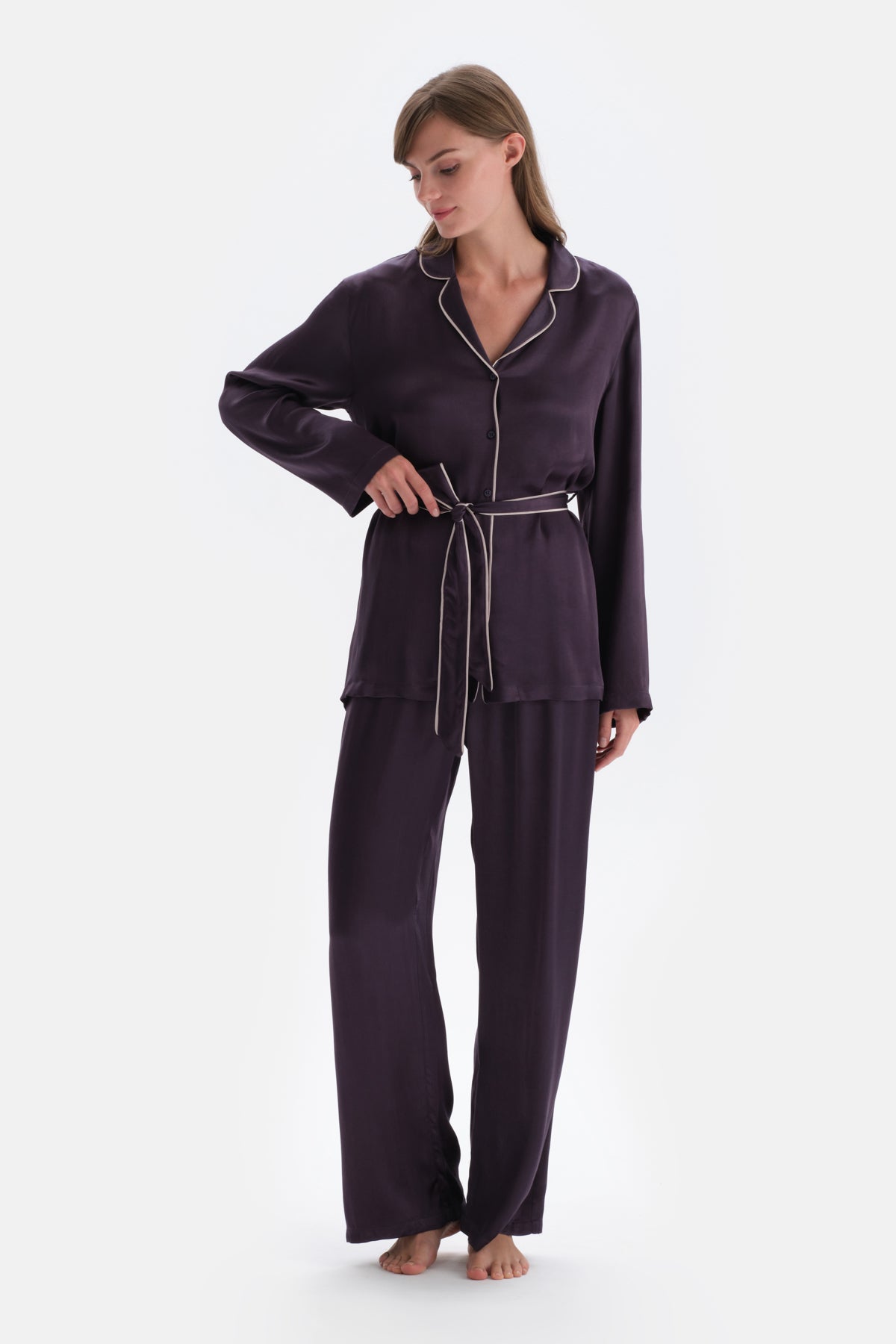 Purple WOVEN SATIN WOVEN TROUSERS WITH LEG STRAP
