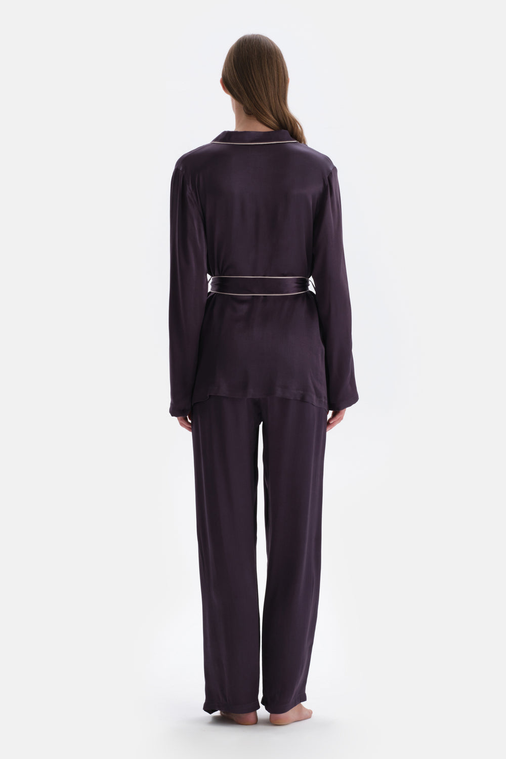 Purple WOVEN SATIN WOVEN TROUSERS WITH LEG STRAP