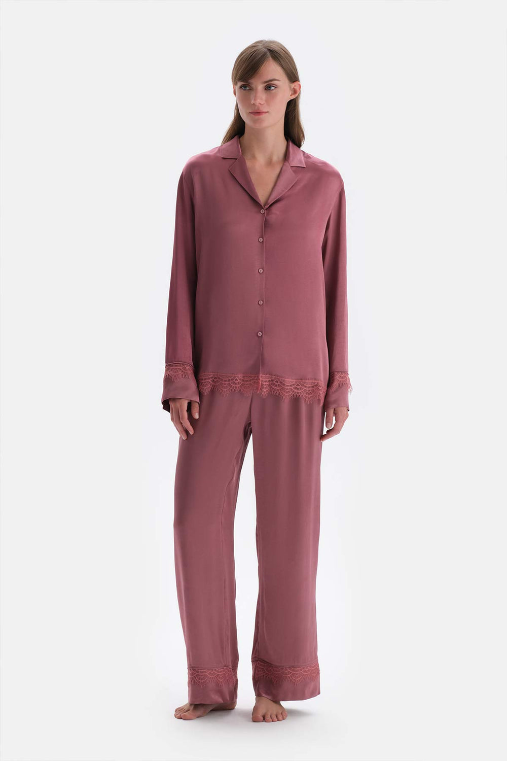 Dusty Rose LACE DETAILED WOVEN TROUSERS