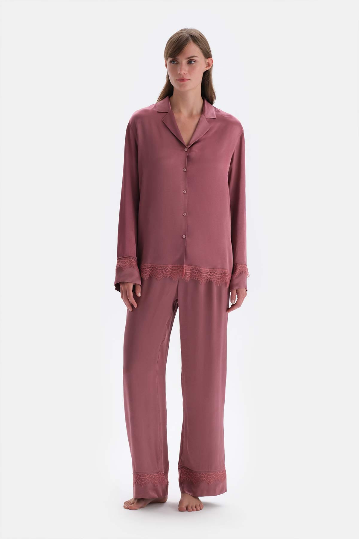 Dusty Rose LACE DETAILED WOVEN TROUSERS