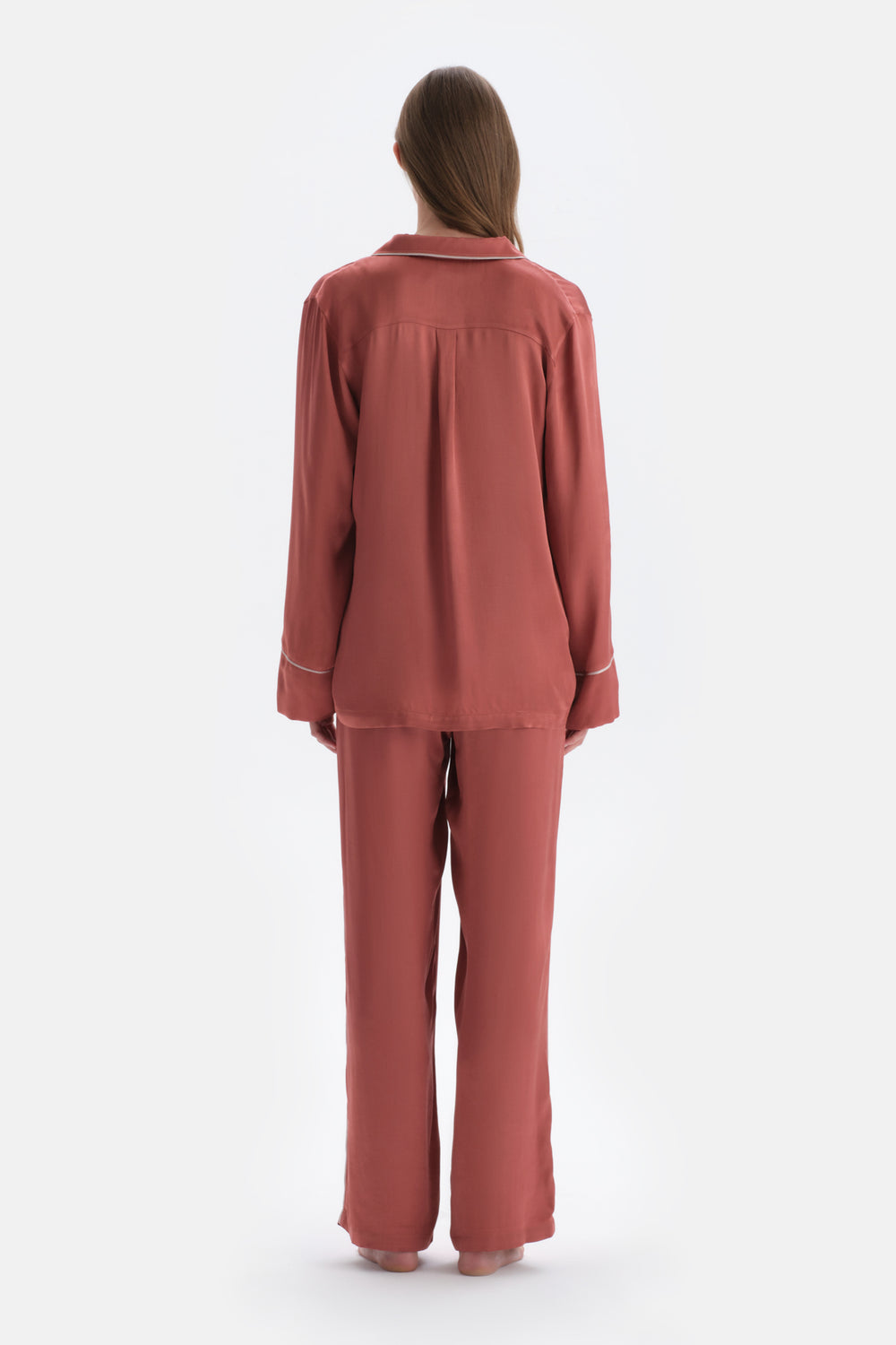 Kiremit Biye Detaylı Dokuma Gömlek Pijama Üstü