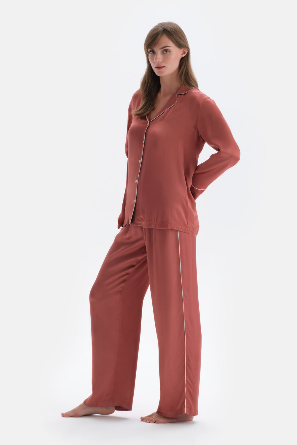 Kiremit Biye Detaylı Dokuma Gömlek Pijama Üstü