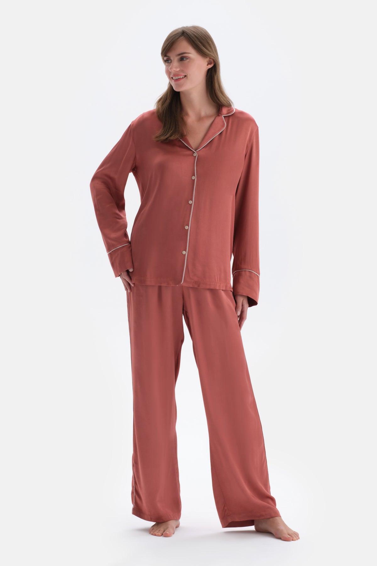 Kiremit Biye Detaylı Dokuma Gömlek Pijama Üstü