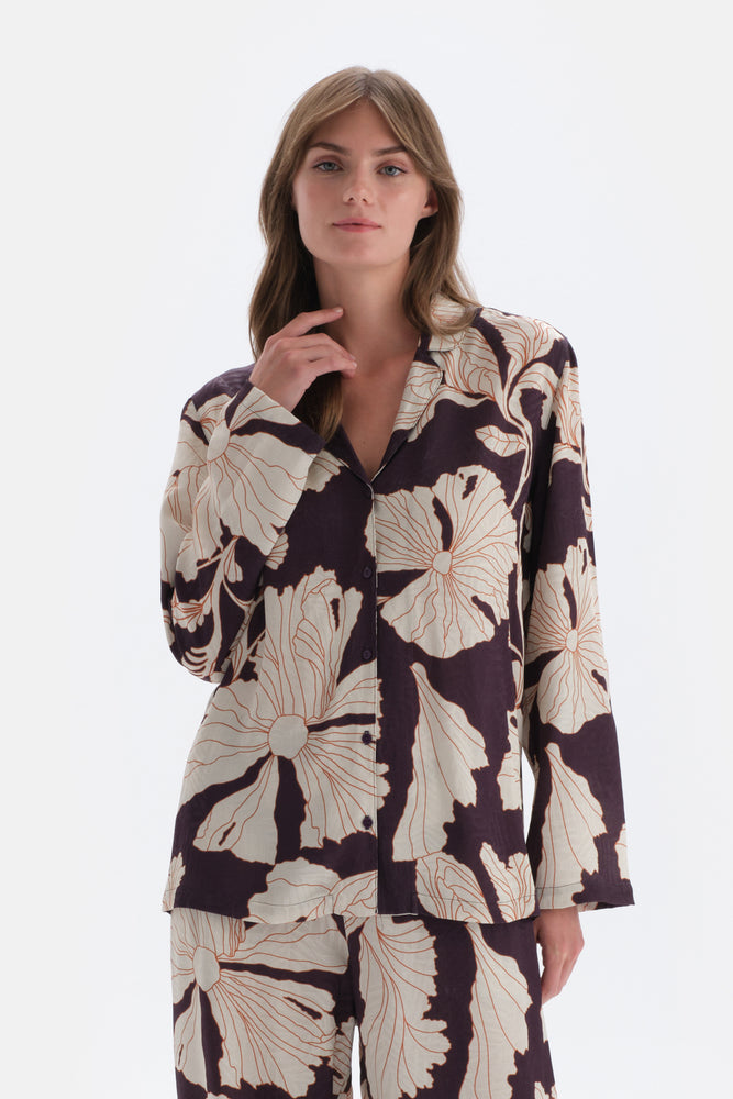 Purple FLORAL PRINT DETAILED WOVEN SHIRT