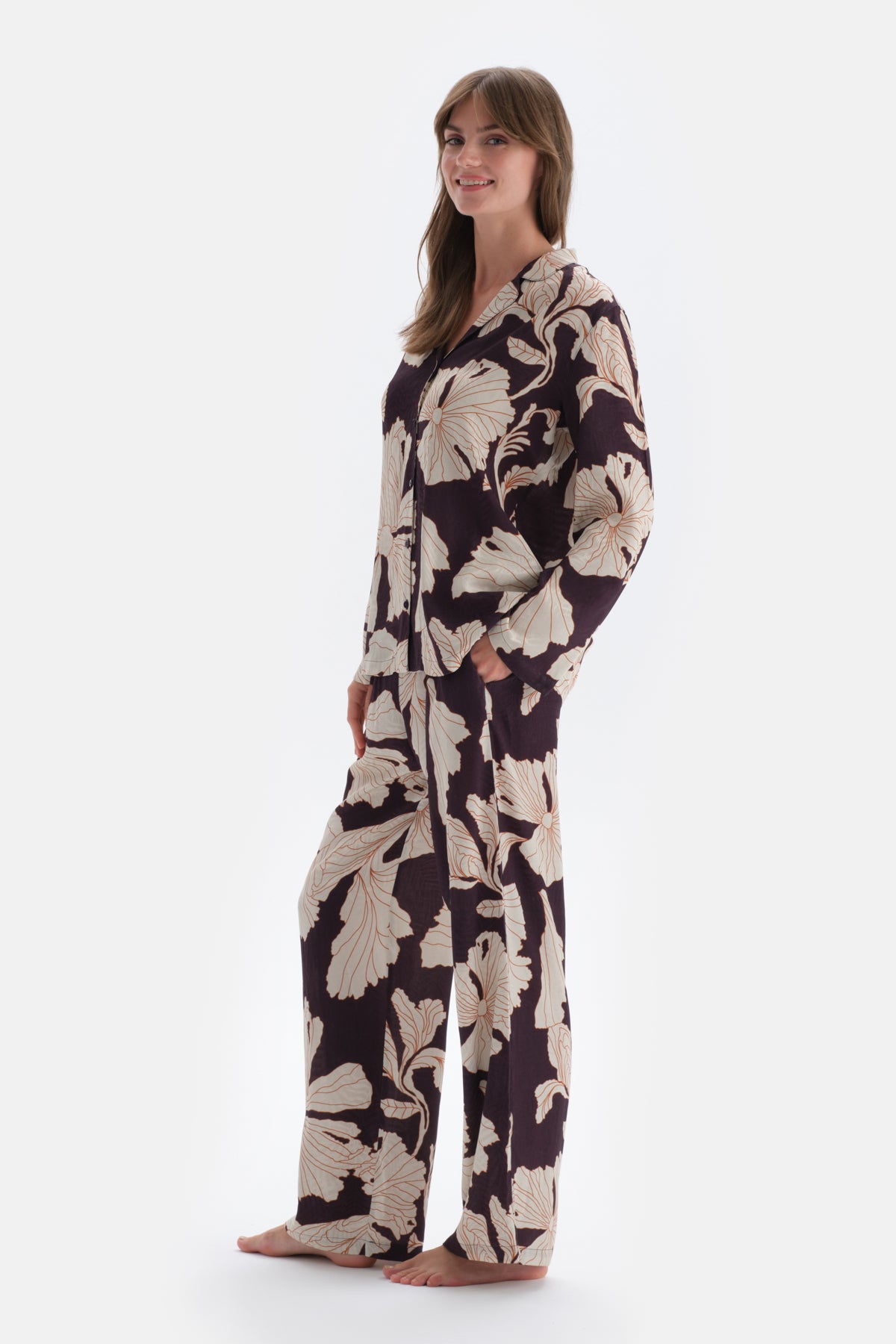 Purple FLORAL PRINT DETAILED WOVEN SHIRT