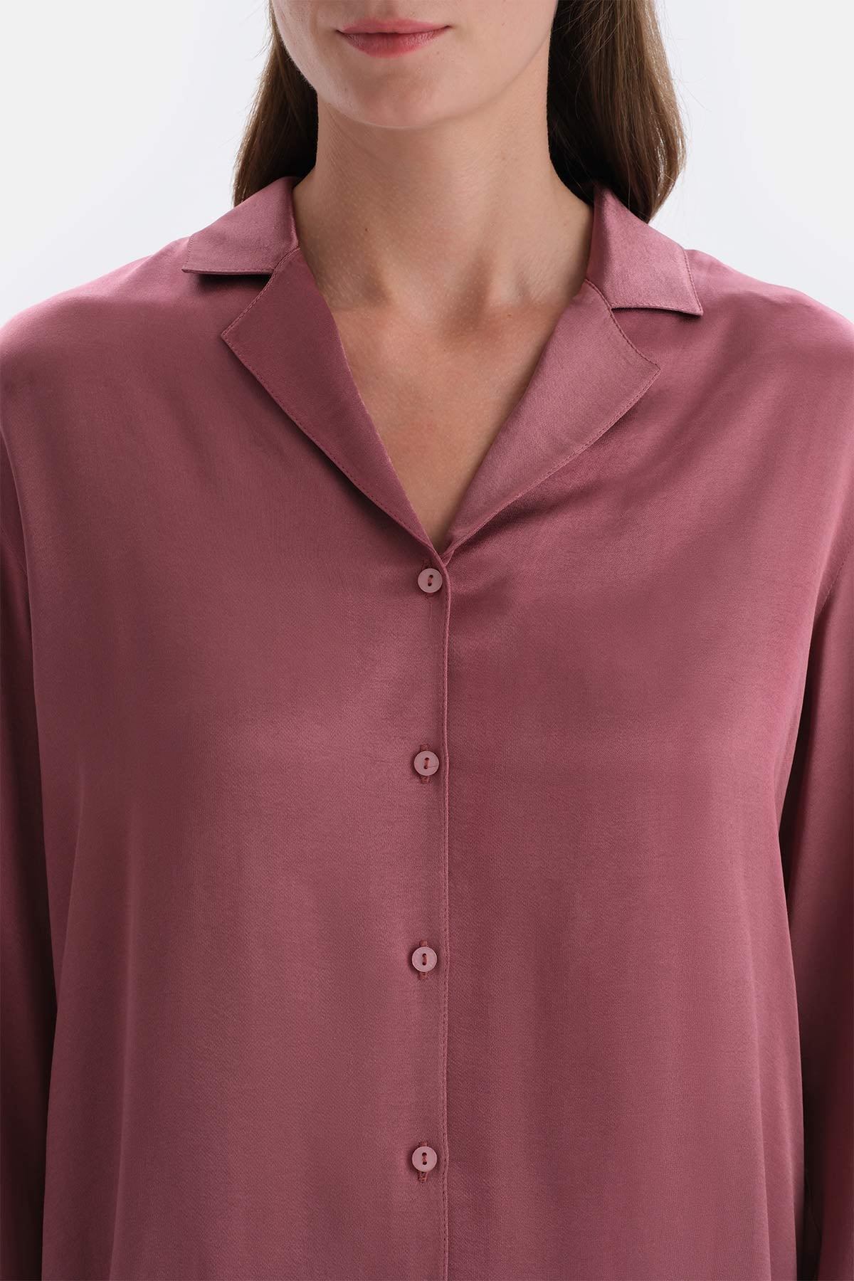 Gül Kurusu Dantel Detaylı Dokuma Gömlek Pijama Üstü