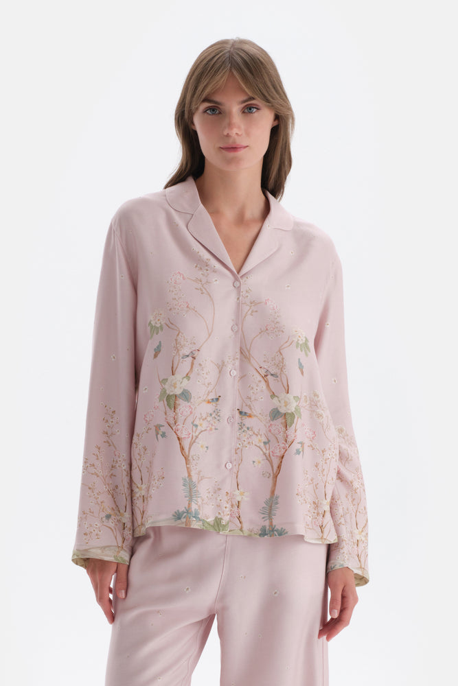 Açık Lila Metraj Baskılı Saten Gömlek Pijama Üstü