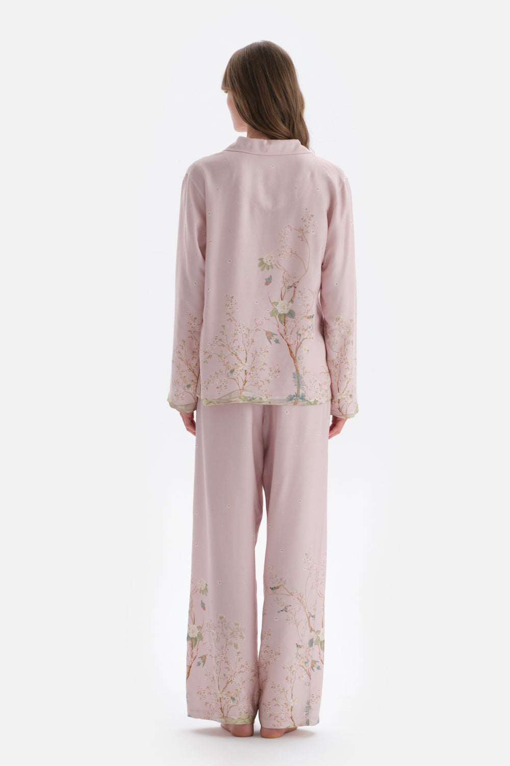 Açık Lila Metraj Baskılı Saten Gömlek Pijama Üstü