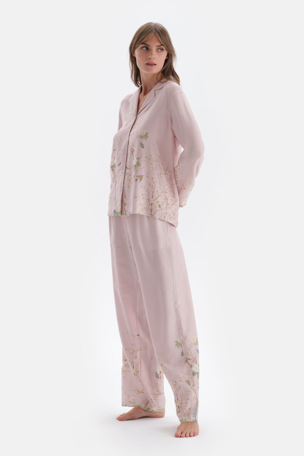 Açık Lila Metraj Baskılı Saten Gömlek Pijama Üstü