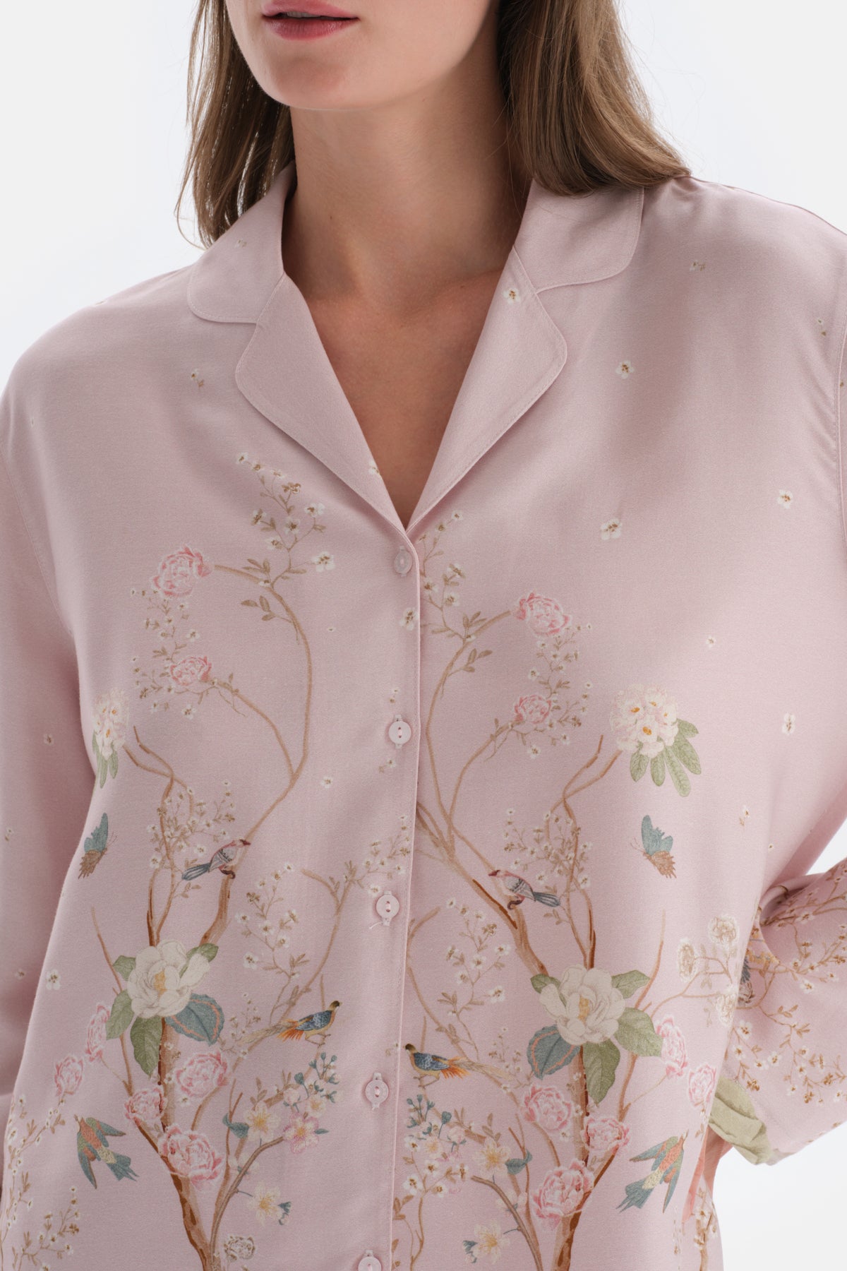 Açık Lila Metraj Baskılı Saten Gömlek Pijama Üstü