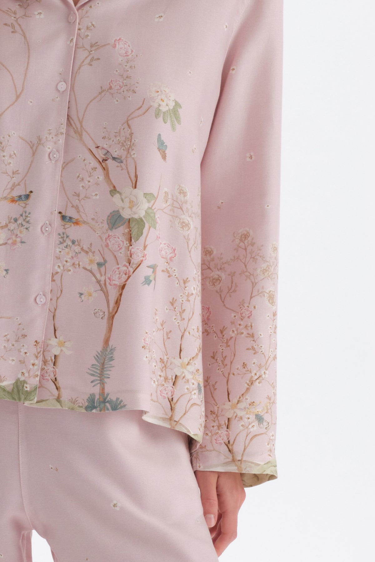 Açık Lila Metraj Baskılı Saten Gömlek Pijama Üstü