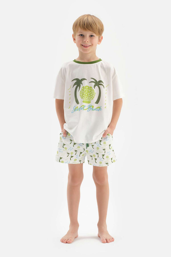 WHITE PALM PRINTED CREW-NECK SHORT SLEEVE T-SHIRT SHORTS PAJAMAS SUIT