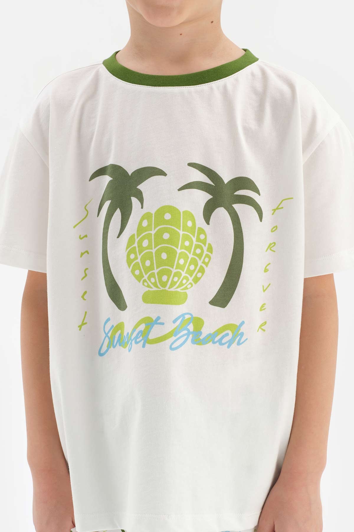 WHITE PALM PRINTED CREW-NECK SHORT SLEEVE T-SHIRT SHORTS PAJAMAS SUIT