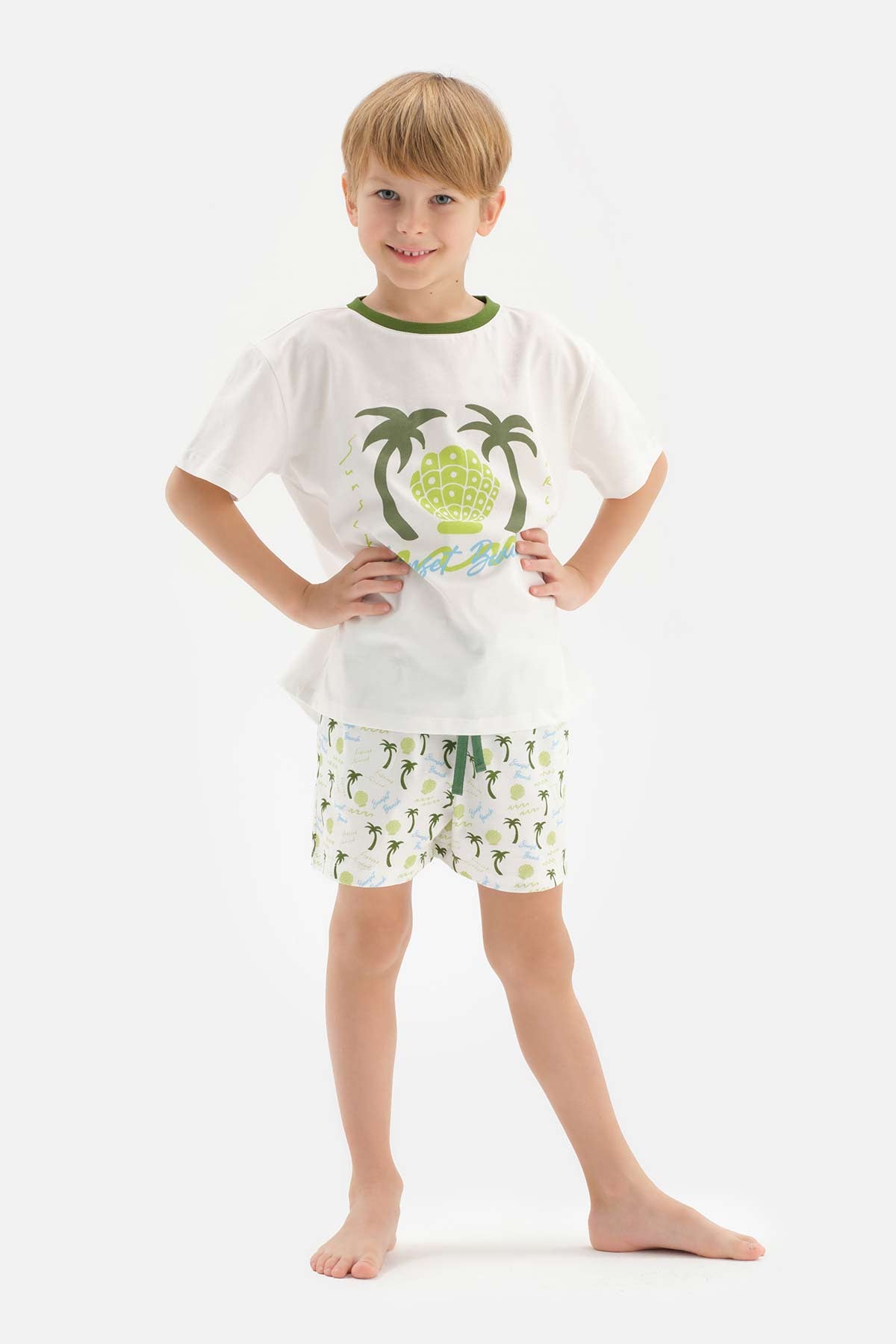 WHITE PALM PRINTED CREW-NECK SHORT SLEEVE T-SHIRT SHORTS PAJAMAS SUIT