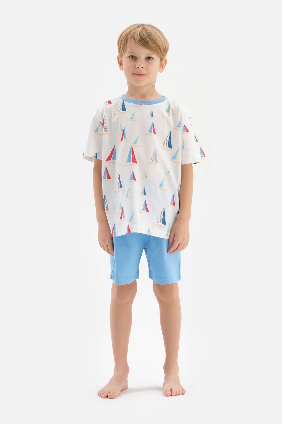 WHITE SAIL PRINTED CREW-NECK T-SHIRT SHORTS PAJAMAS SUIT