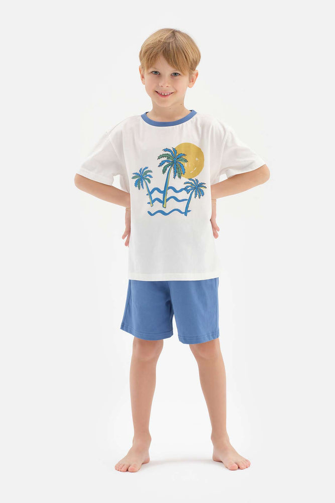 WHITE PALM PRINTED CREW-NECK SHORT SLEEVE T-SHIRT SHORTS PAJAMAS SUIT