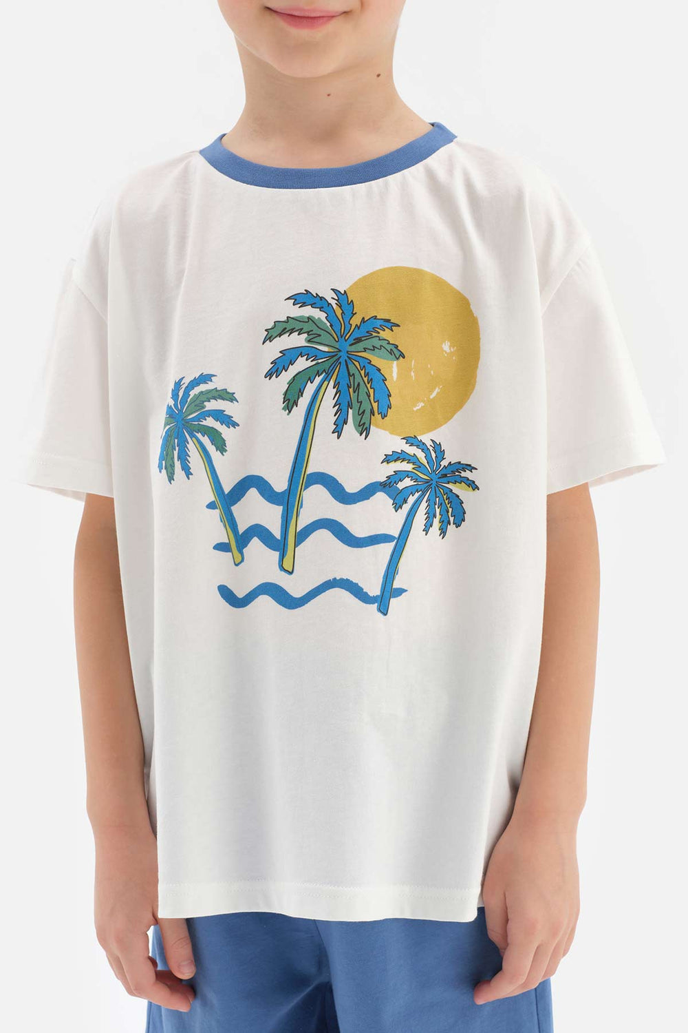 WHITE PALM PRINTED CREW-NECK SHORT SLEEVE T-SHIRT SHORTS PAJAMAS SUIT