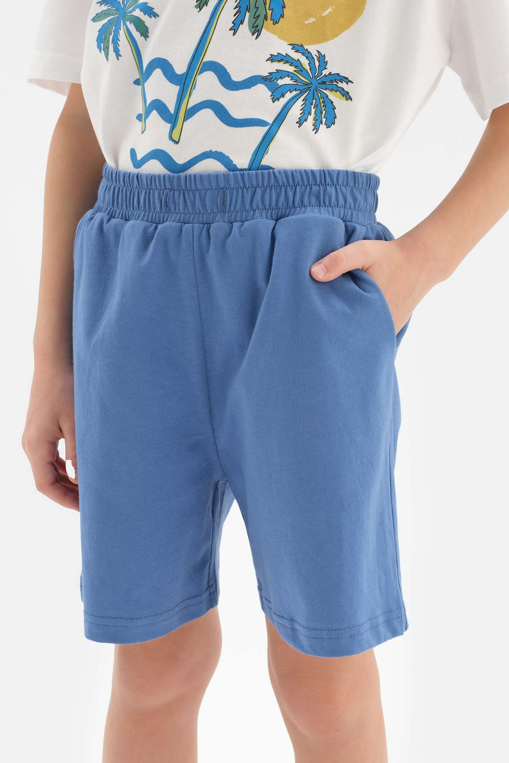 WHITE PALM PRINTED CREW-NECK SHORT SLEEVE T-SHIRT SHORTS PAJAMAS SUIT