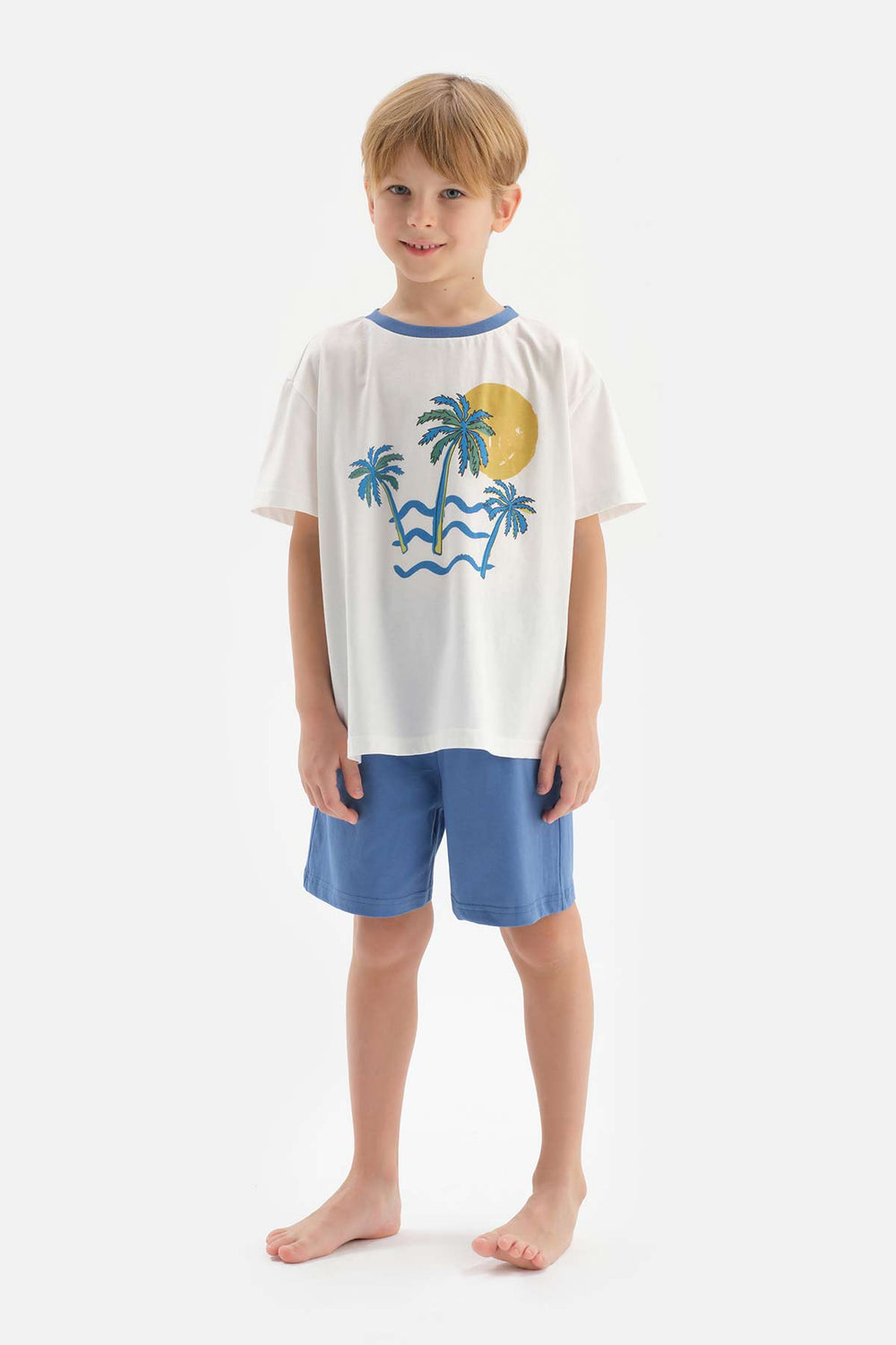 WHITE PALM PRINTED CREW-NECK SHORT SLEEVE T-SHIRT SHORTS PAJAMAS SUIT