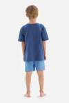 BLUE SLOGAN DETAILED CREW-NECK SHORT SLEEVE T-SHIRT SHORTS PAJAMA SUIT